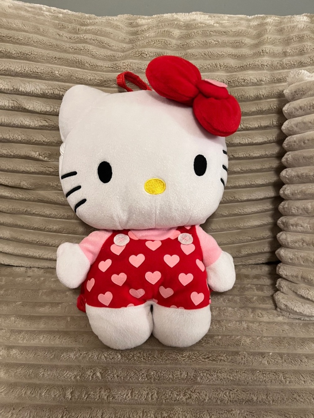 Hello Kitty White Plush with Red Heart Overalls and Pink Sleeves